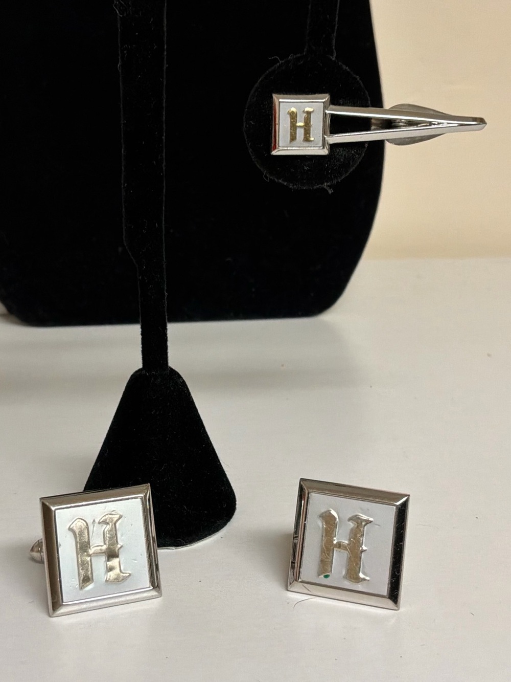 Vintage Swank H Monogram Cufflinks and Tie Bar Set Silver Classic Mid Century